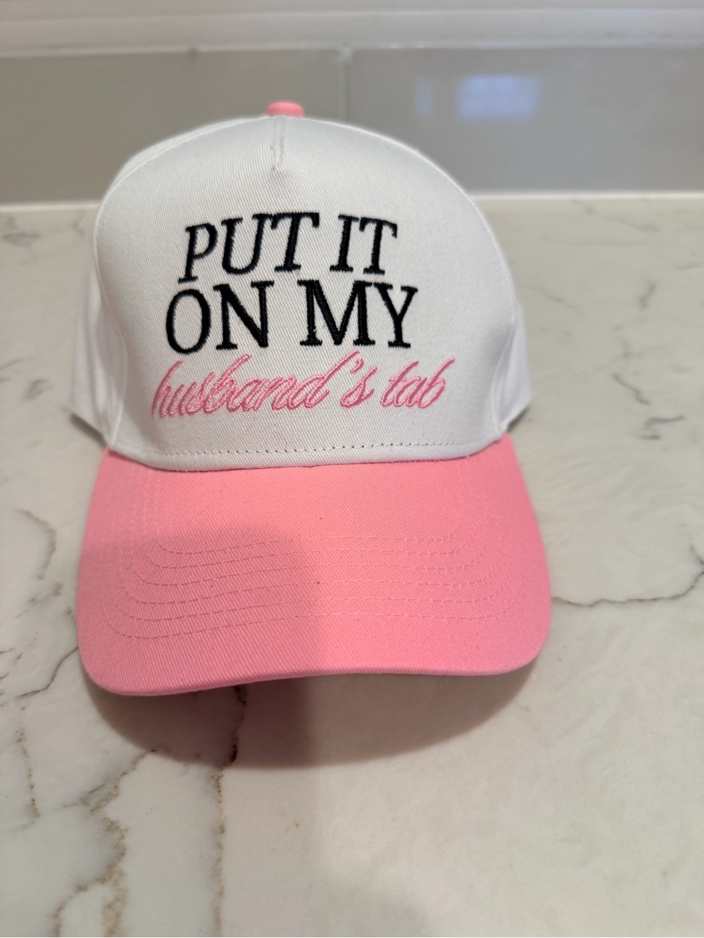 Put It On My Husband's Tab Pink & White Baseball Cap